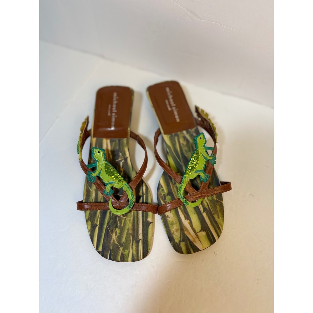 Michael Simon New York Beaded Lizard Bamboo Print Kitten Heel Sandals 7M Spain